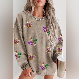 Mardi Gras Sequin Round Neck Dropped Shoulder Sweatshirt